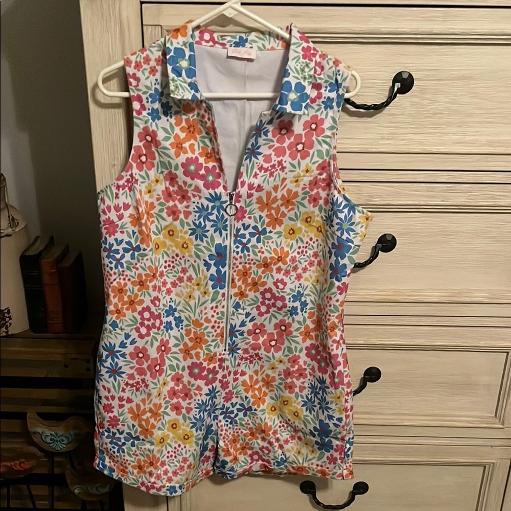 Floral Sleeveless Zip Front Denim Romper